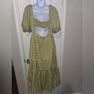 Plaid Puff Sleeve Cutout Midi Dress - Yellow